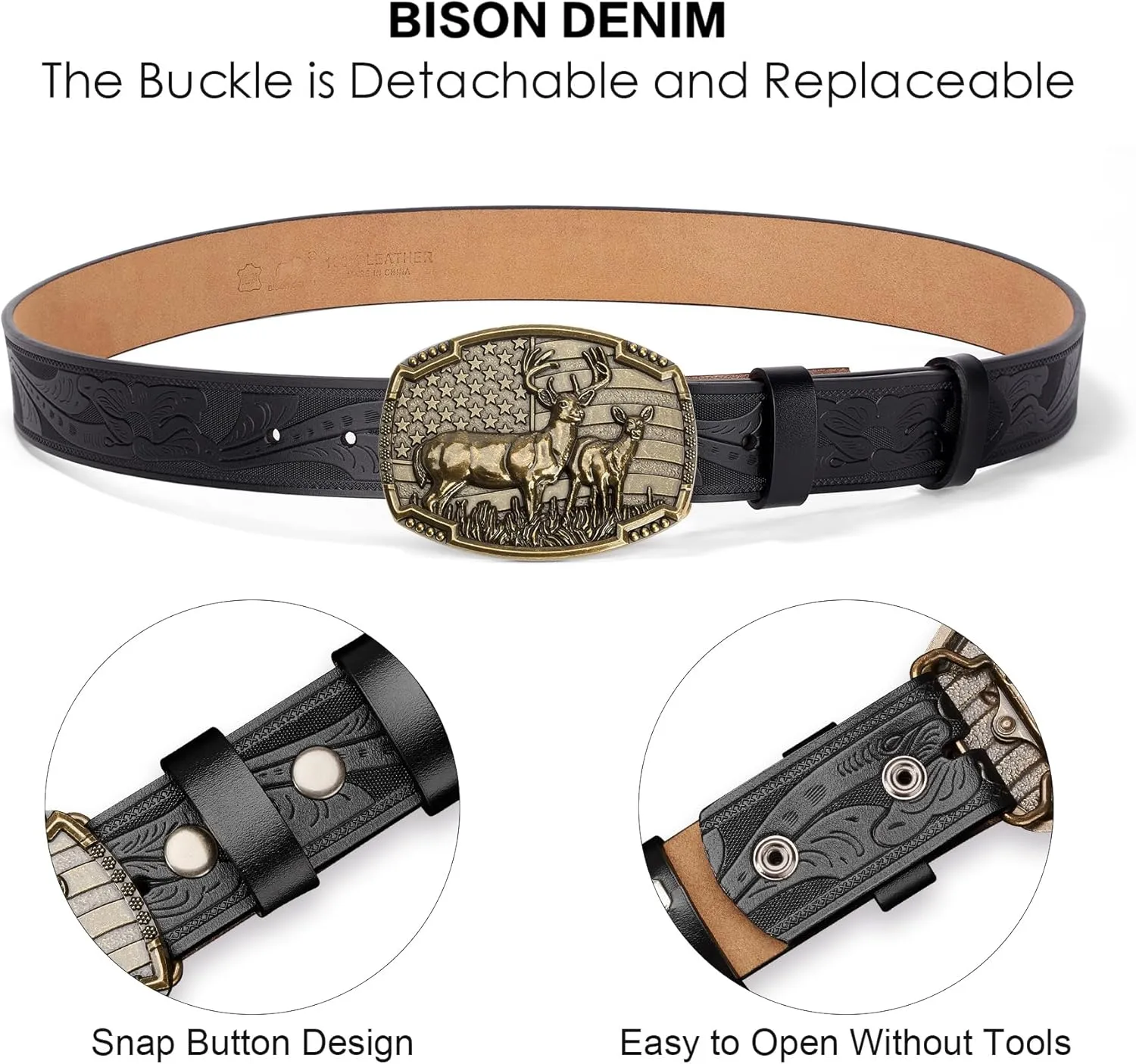 BISON DENIM Western Cowboy Leather Belt for Men Women Cowgirl, Mens Buckle Belt for Jeans, Country Belt, Men's Gifts