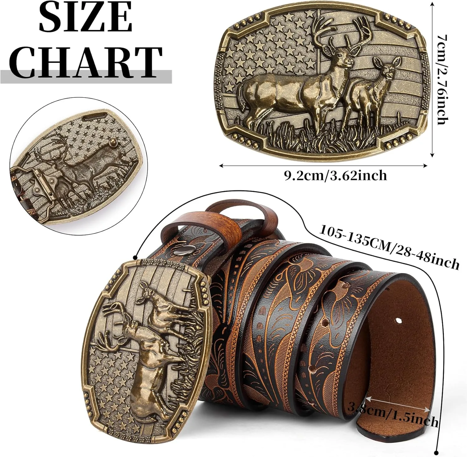BISON DENIM Western Cowboy Leather Belt for Men Women Cowgirl, Mens Buckle Belt for Jeans, Country Belt, Men's Gifts