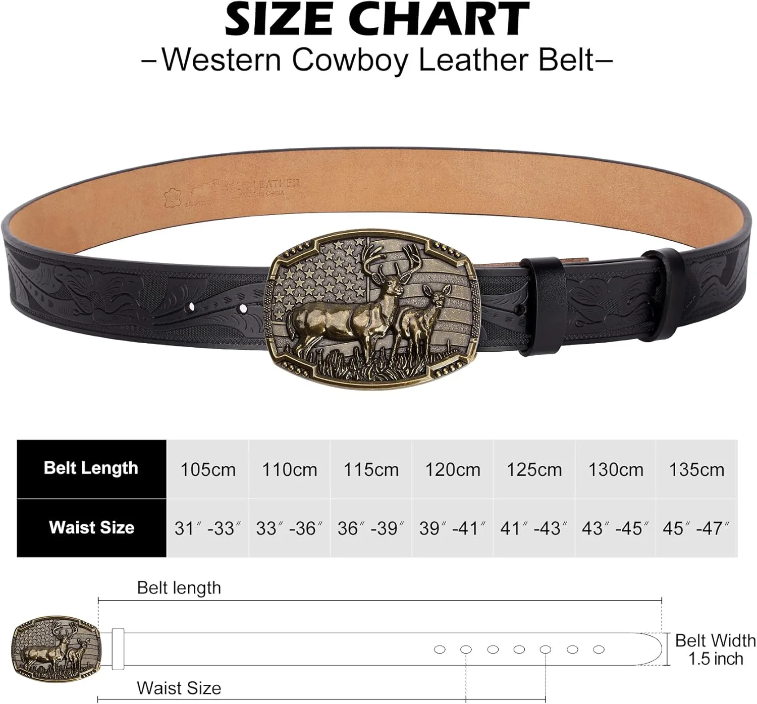 BISON DENIM Western Cowboy Leather Belt for Men Women Cowgirl, Mens Buckle Belt for Jeans, Country Belt, Men's Gifts