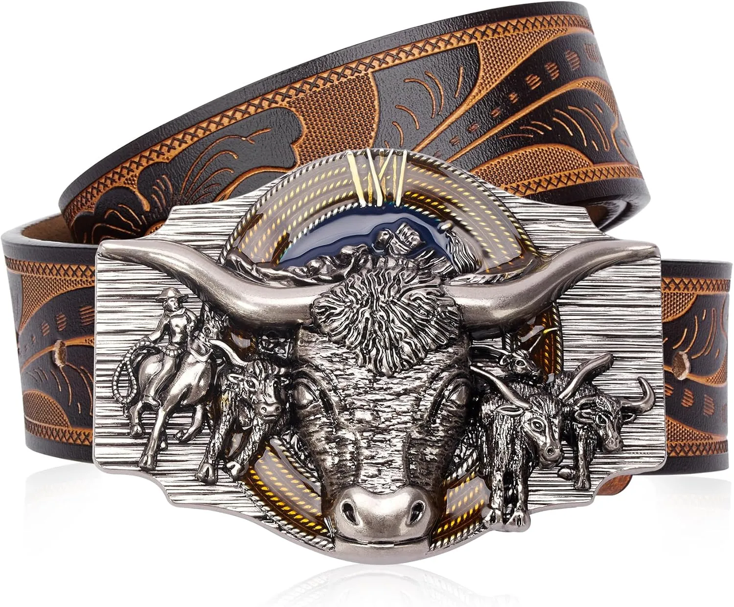 BISON DENIM Western Leather Belt for Men Women Cowboy Cowgirl Mens Buckle Belt for Jeans, Country Belt, Ideal Men's Gifts