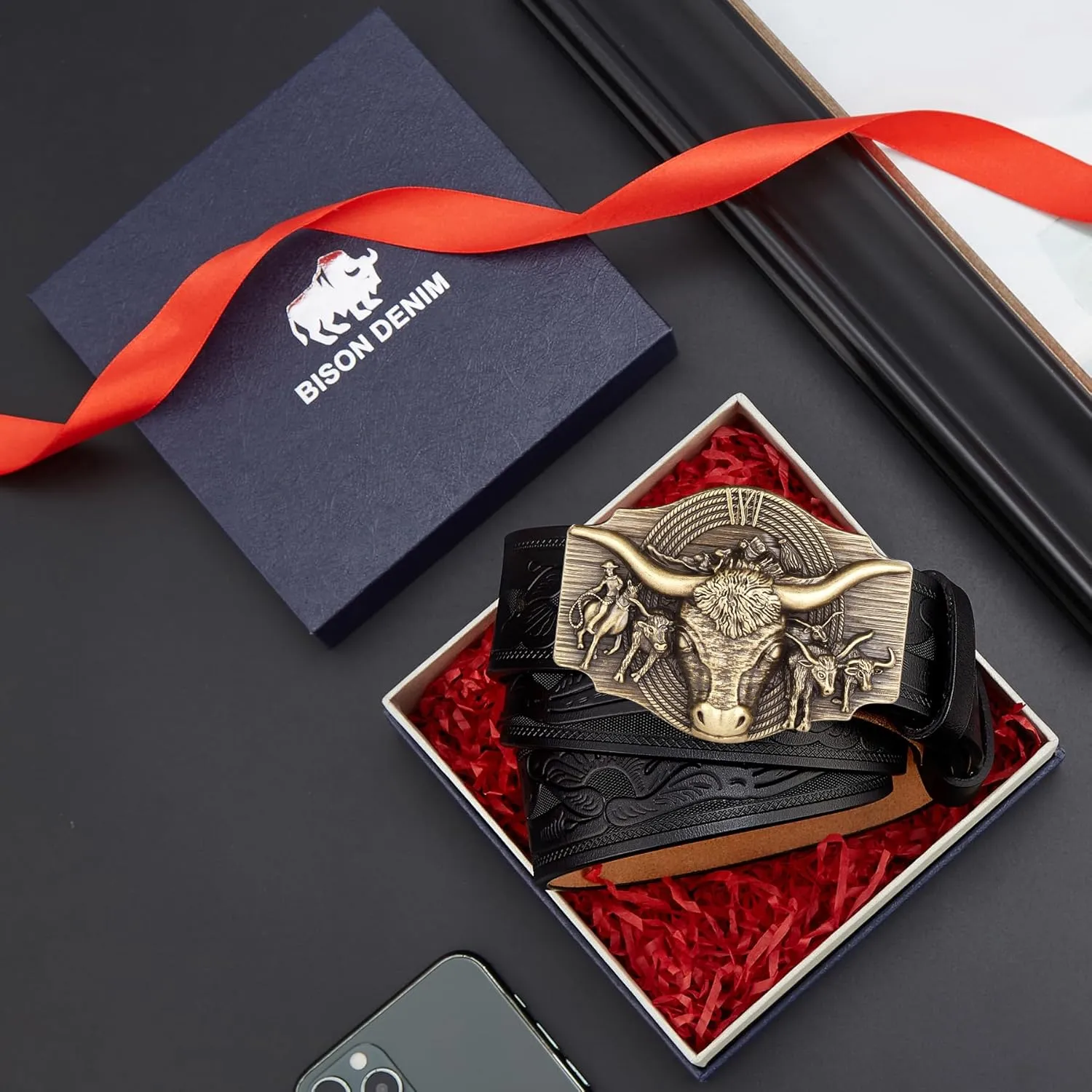 BISON DENIM Western Leather Belt for Men Women Cowboy Cowgirl Mens Buckle Belt for Jeans, Country Belt, Ideal Men's Gifts