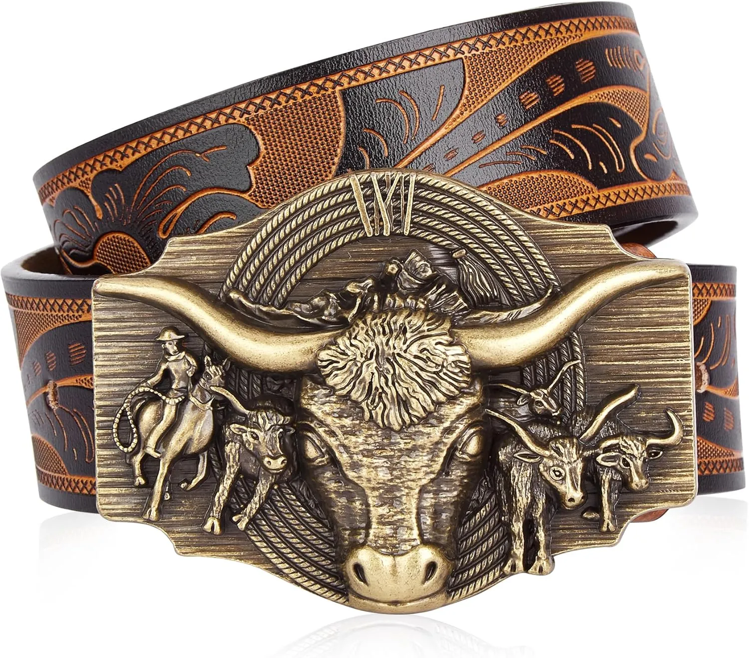 BISON DENIM Western Leather Belt for Men Women Cowboy Cowgirl Mens Buckle Belt for Jeans, Country Belt, Ideal Men's Gifts