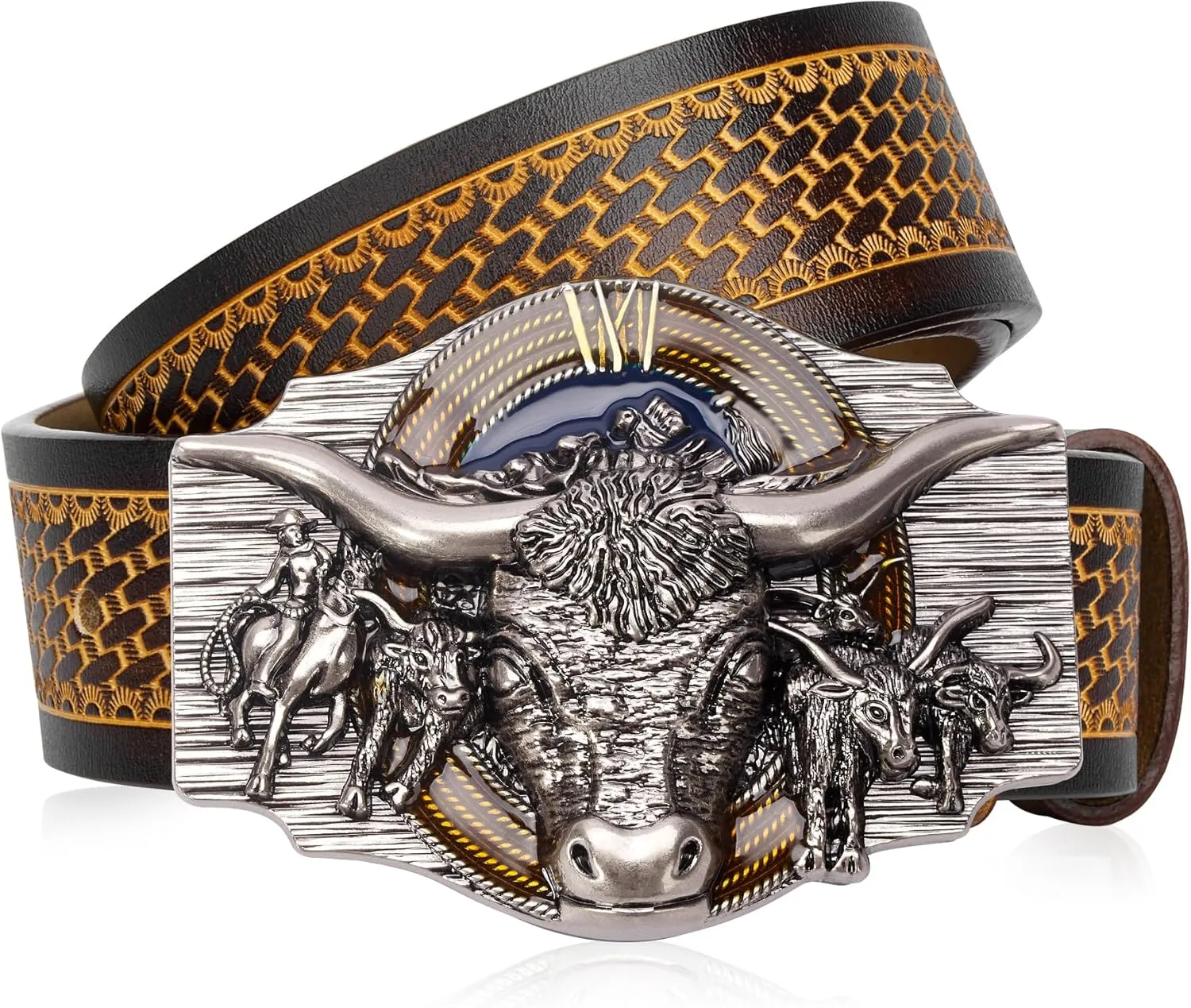 BISON DENIM Western Leather Belt for Men Women Cowboy Cowgirl Mens Buckle Belt for Jeans, Country Belt, Ideal Men's Gifts