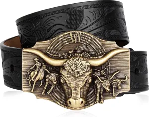 BISON DENIM Western Leather Belt for Men Women Cowboy Cowgirl Mens Buckle Belt for Jeans, Country Belt, Ideal Men's Gifts