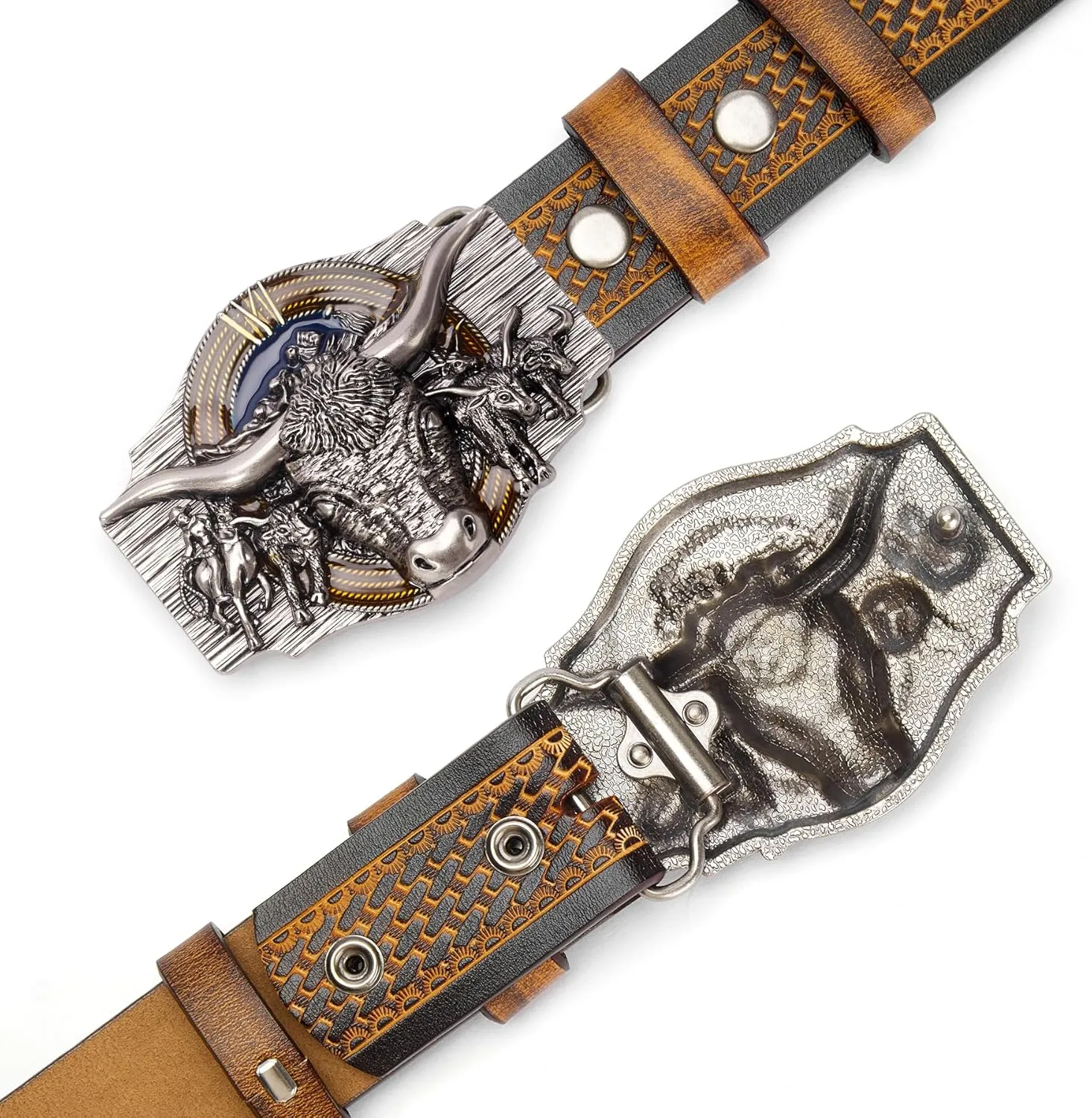BISON DENIM Western Leather Belt for Men Women Cowboy Cowgirl Mens Buckle Belt for Jeans, Country Belt, Ideal Men's Gifts