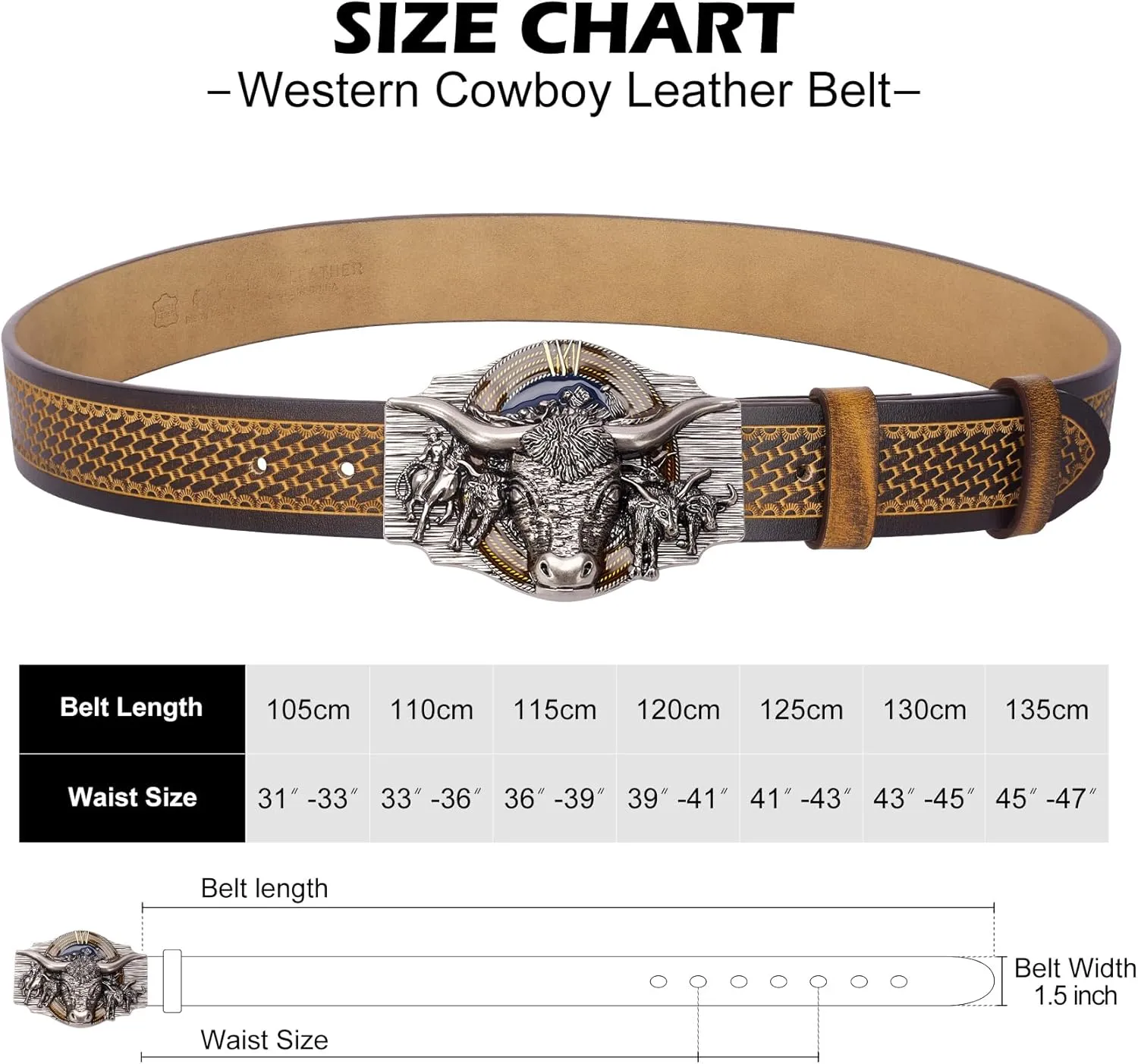 BISON DENIM Western Leather Belt for Men Women Cowboy Cowgirl Mens Buckle Belt for Jeans, Country Belt, Ideal Men's Gifts