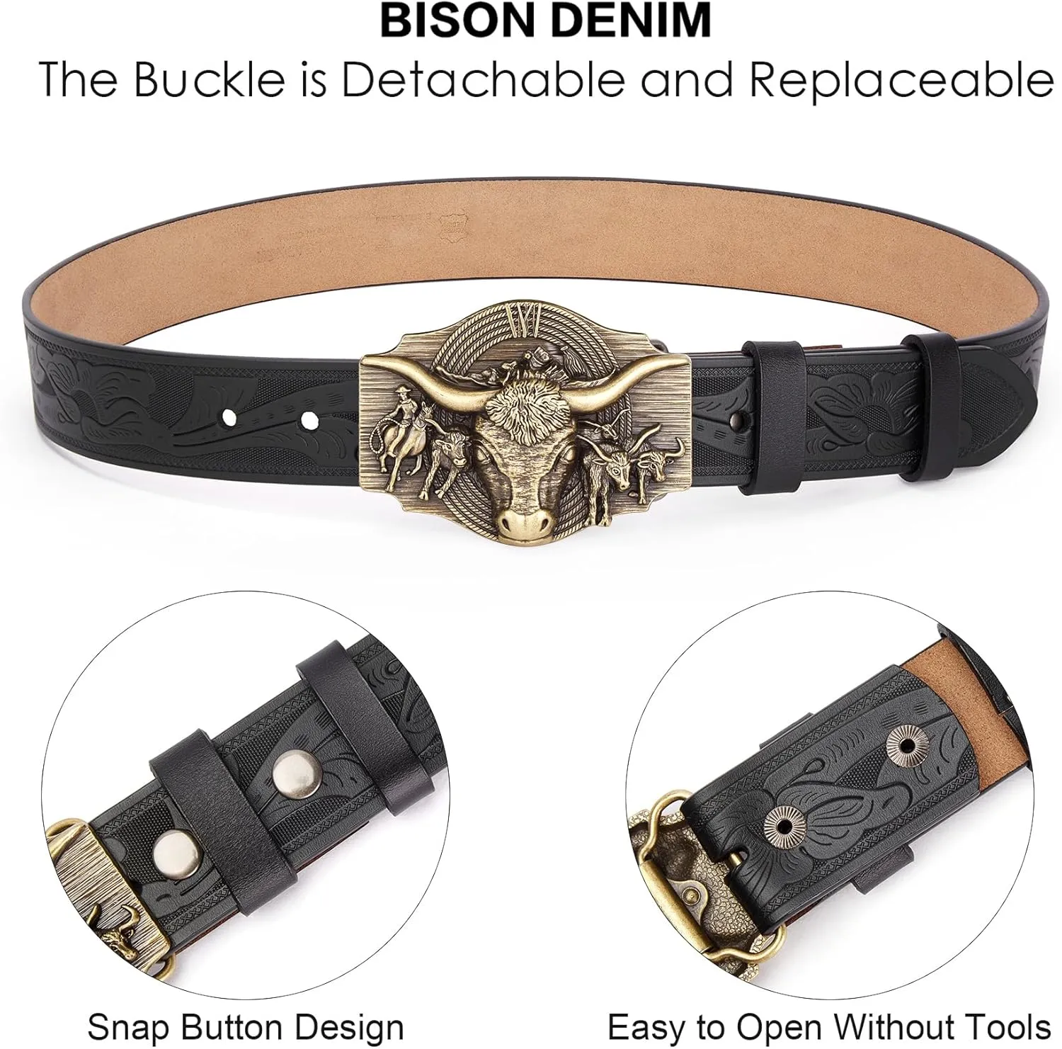 BISON DENIM Western Leather Belt for Men Women Cowboy Cowgirl Mens Buckle Belt for Jeans, Country Belt, Ideal Men's Gifts