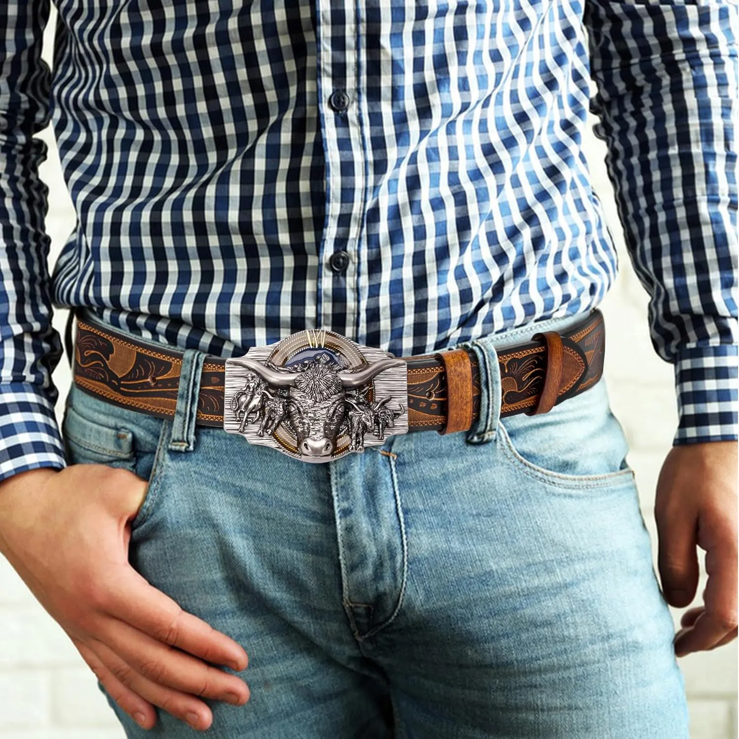 BISON DENIM Western Leather Belt for Men Women Cowboy Cowgirl Mens Buckle Belt for Jeans, Country Belt, Ideal Men's Gifts