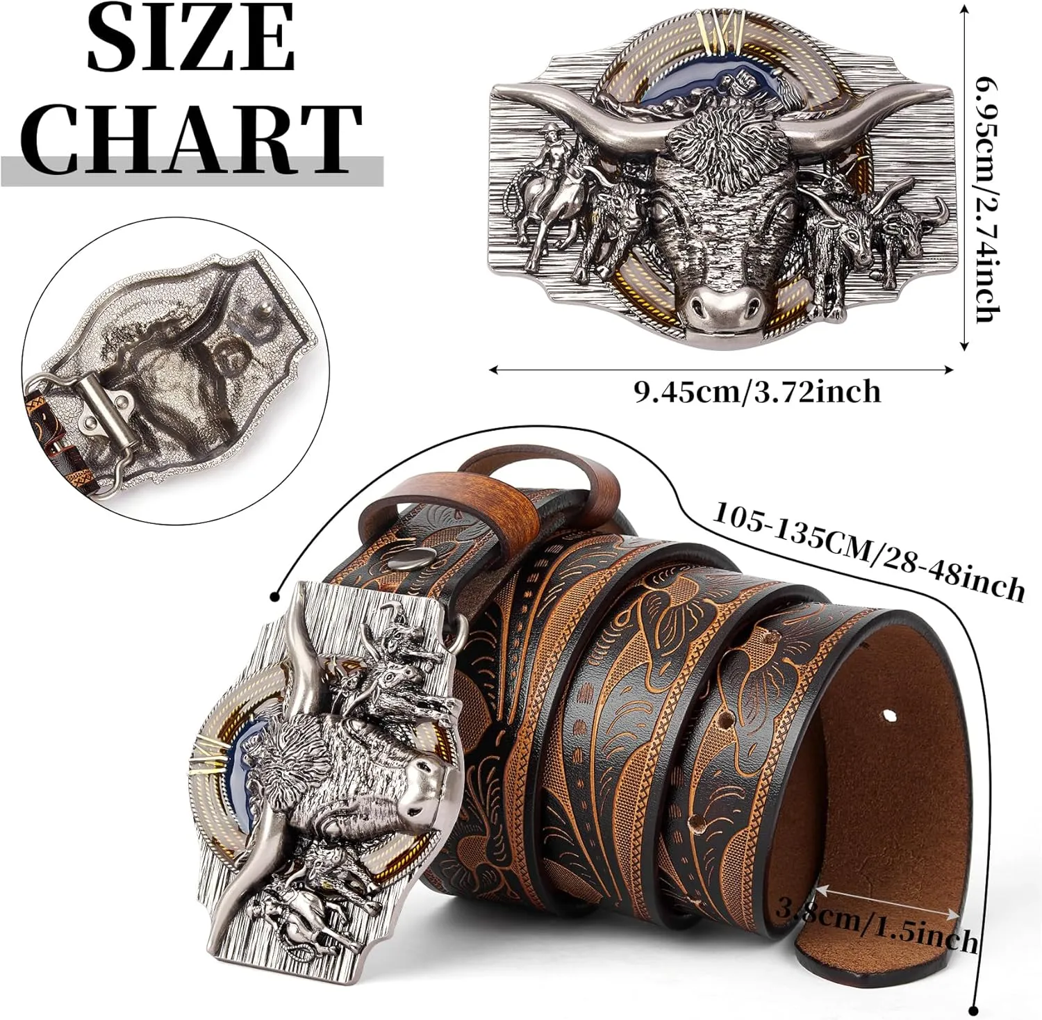 BISON DENIM Western Leather Belt for Men Women Cowboy Cowgirl Mens Buckle Belt for Jeans, Country Belt, Ideal Men's Gifts