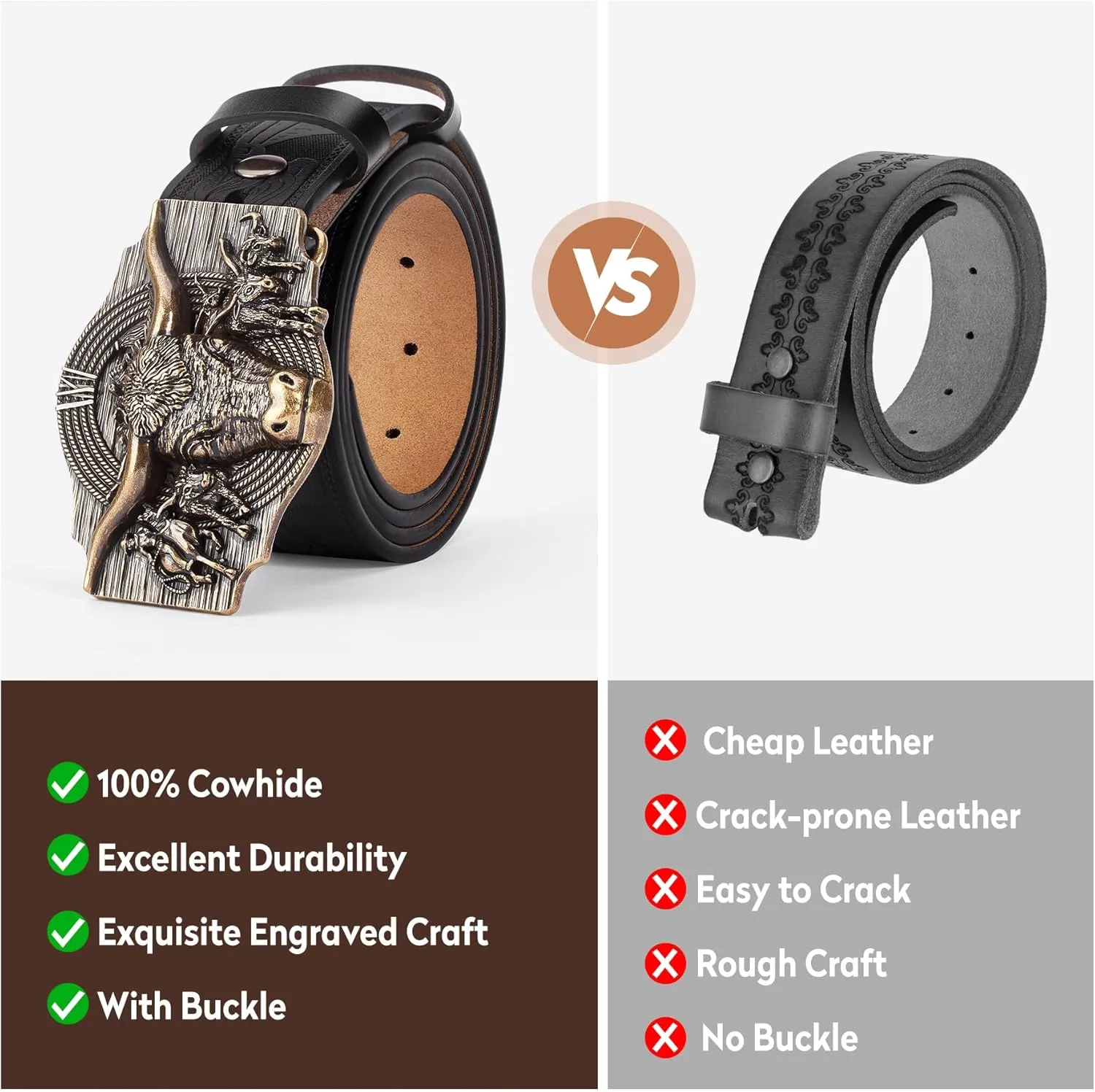 BISON DENIM Western Leather Belt for Men Women Cowboy Cowgirl Mens Buckle Belt for Jeans, Country Belt, Ideal Men's Gifts