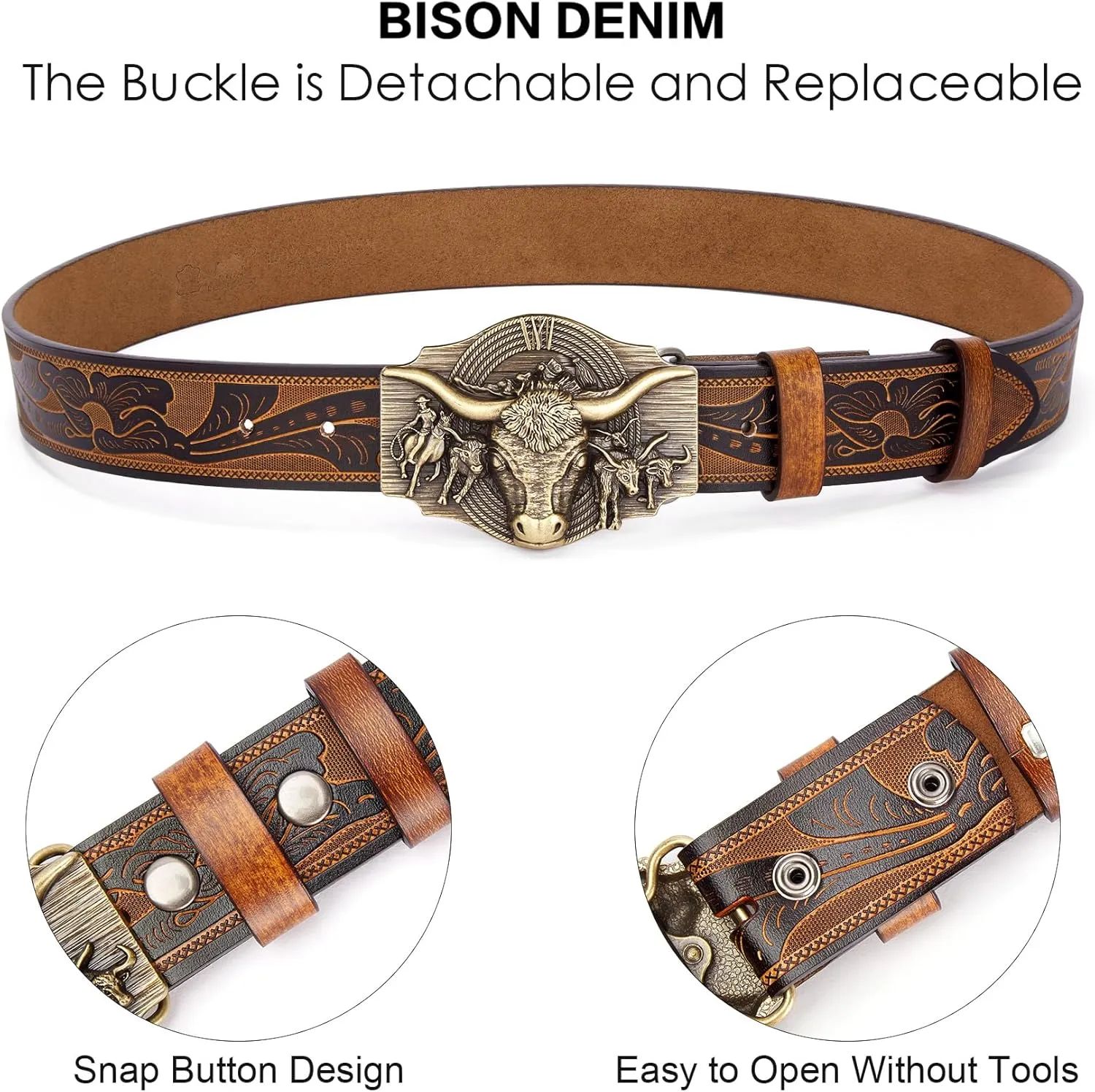 BISON DENIM Western Leather Belt for Men Women Cowboy Cowgirl Mens Buckle Belt for Jeans, Country Belt, Ideal Men's Gifts