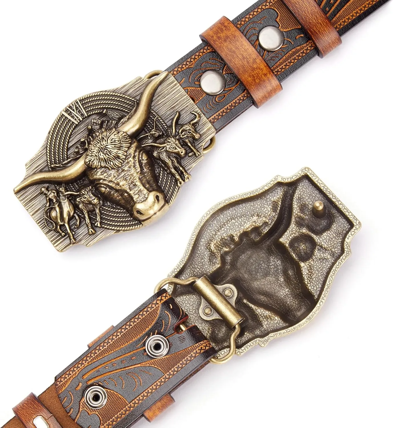 BISON DENIM Western Leather Belt for Men Women Cowboy Cowgirl Mens Buckle Belt for Jeans, Country Belt, Ideal Men's Gifts