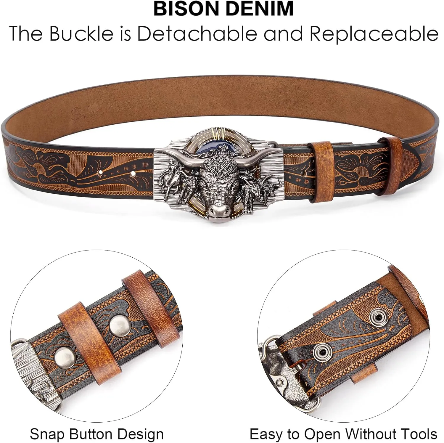 BISON DENIM Western Leather Belt for Men Women Cowboy Cowgirl Mens Buckle Belt for Jeans, Country Belt, Ideal Men's Gifts
