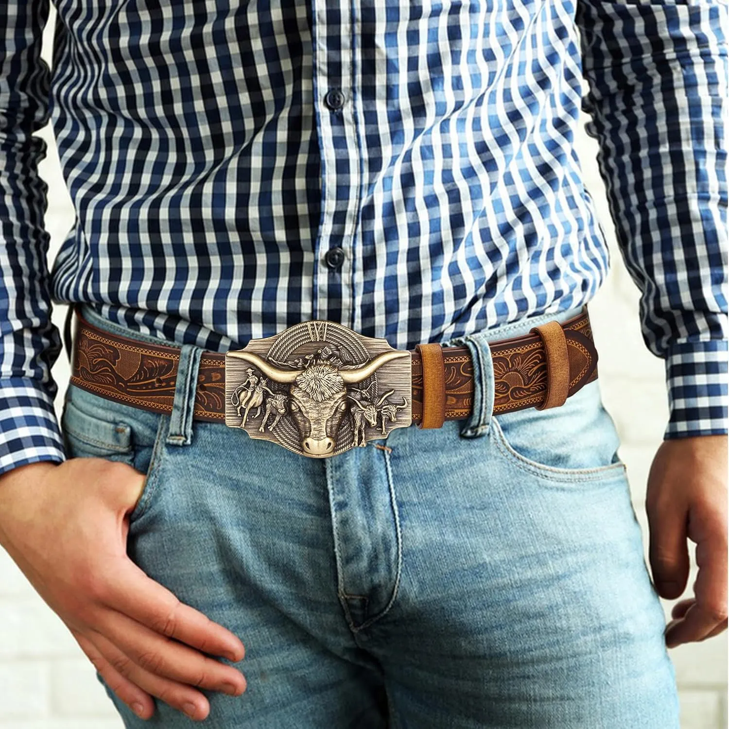BISON DENIM Western Leather Belt for Men Women Cowboy Cowgirl Mens Buckle Belt for Jeans, Country Belt, Ideal Men's Gifts