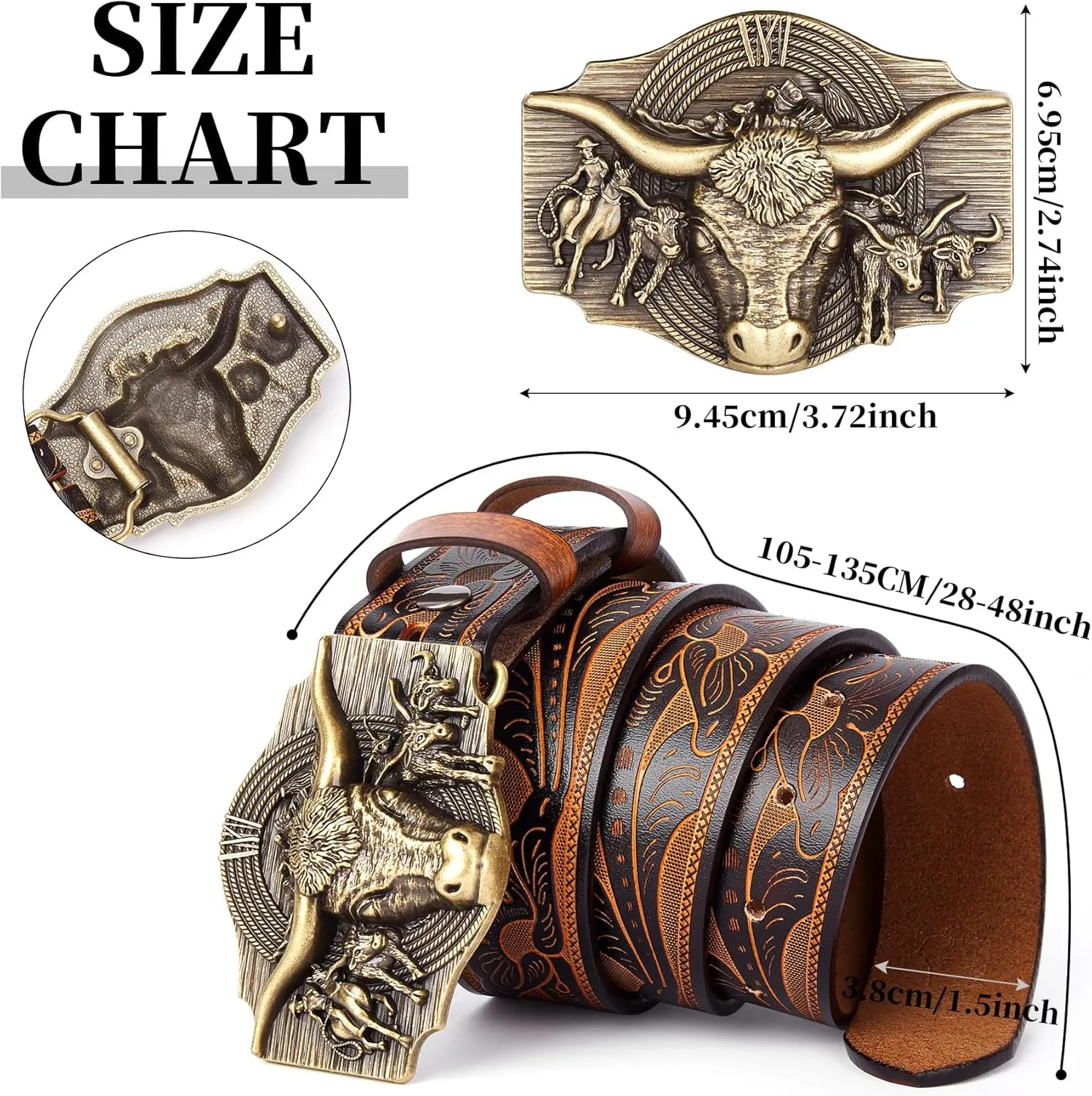 BISON DENIM Western Leather Belt for Men Women Cowboy Cowgirl Mens Buckle Belt for Jeans, Country Belt, Ideal Men's Gifts