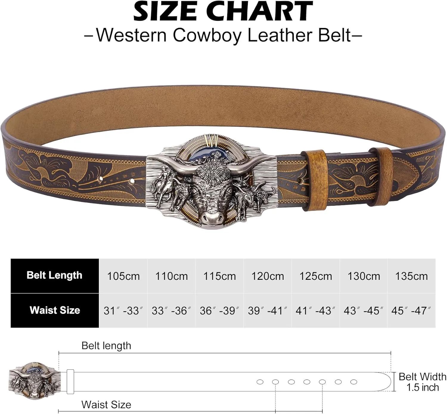 BISON DENIM Western Leather Belt for Men Women Cowboy Cowgirl Mens Buckle Belt for Jeans, Country Belt, Ideal Men's Gifts