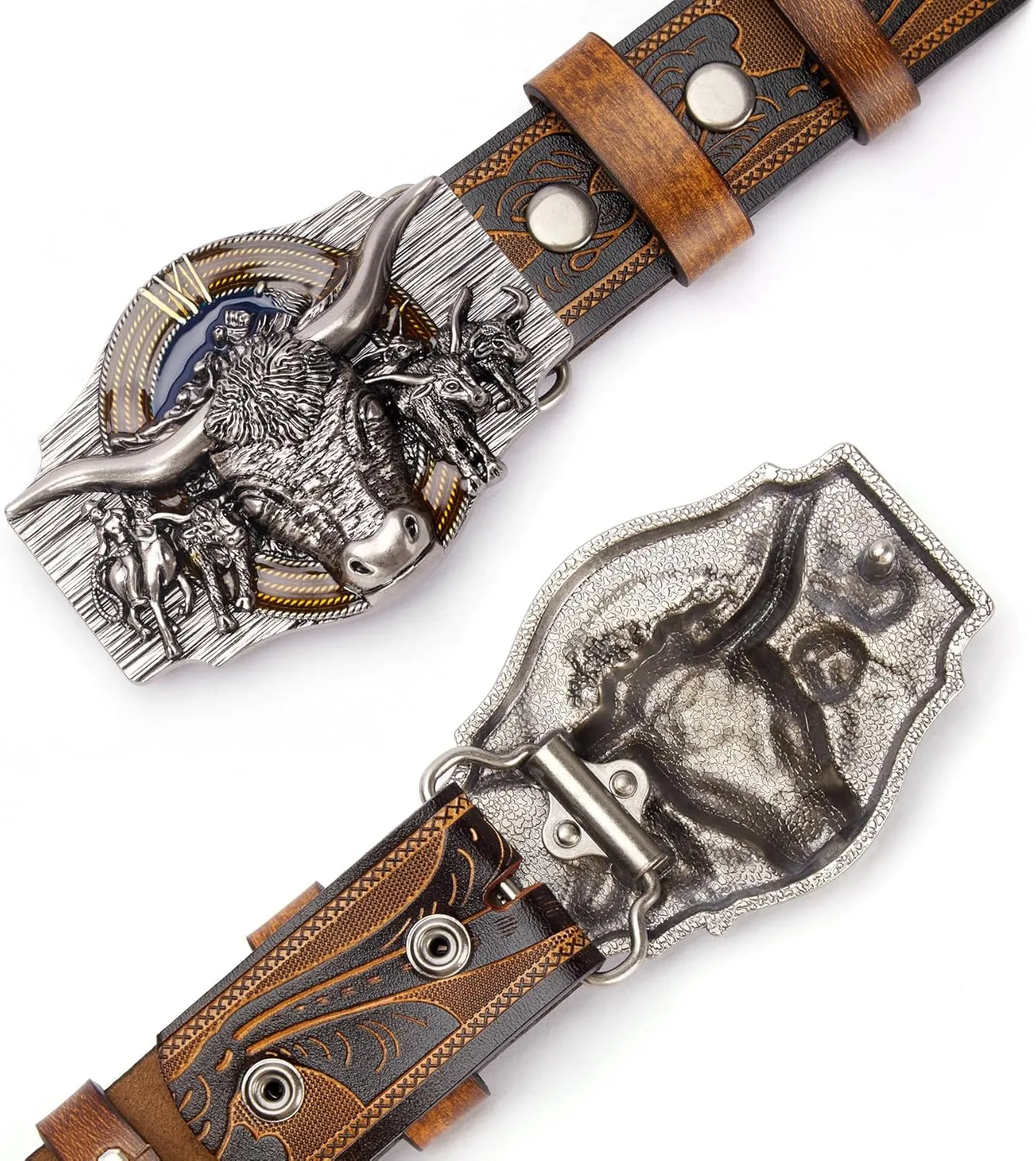 BISON DENIM Western Leather Belt for Men Women Cowboy Cowgirl Mens Buckle Belt for Jeans, Country Belt, Ideal Men's Gifts