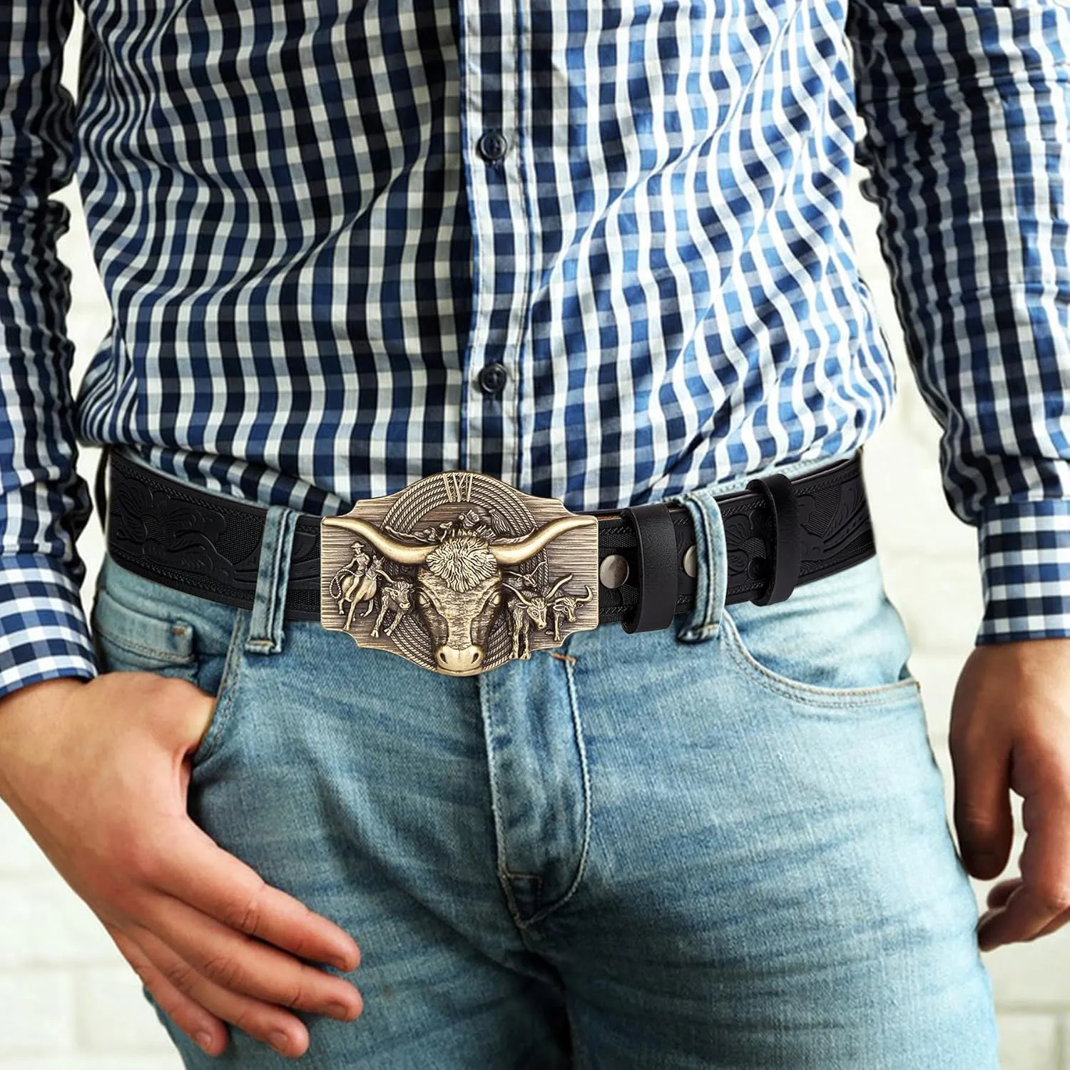 BISON DENIM Western Leather Belt for Men Women Cowboy Cowgirl Mens Buckle Belt for Jeans, Country Belt, Ideal Men's Gifts