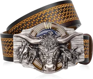 BISON DENIM Western Leather Belt for Men Women Cowboy Cowgirl Mens Buckle Belt for Jeans, Country Belt, Ideal Men's Gifts