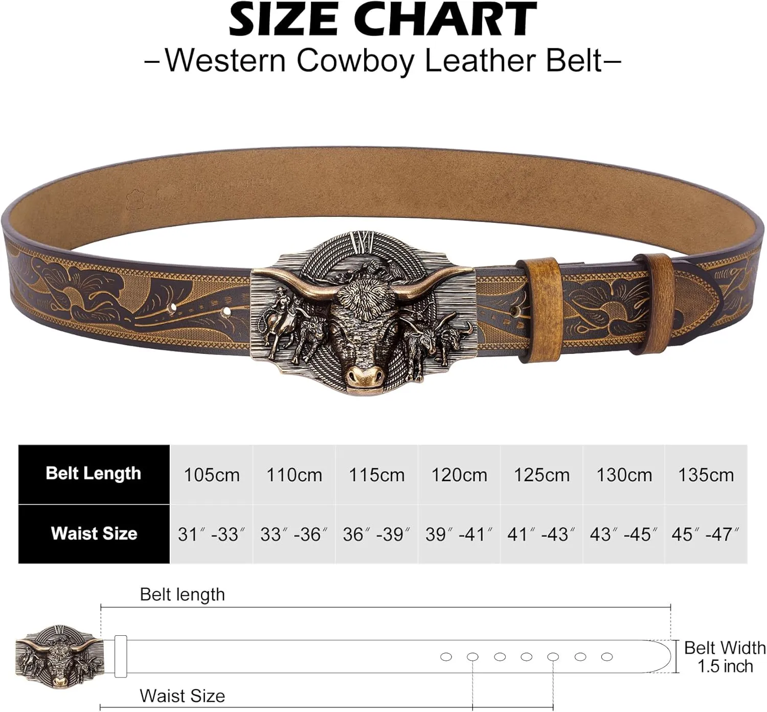 BISON DENIM Western Leather Belt for Men Women Cowboy Cowgirl Mens Buckle Belt for Jeans, Country Belt, Ideal Men's Gifts