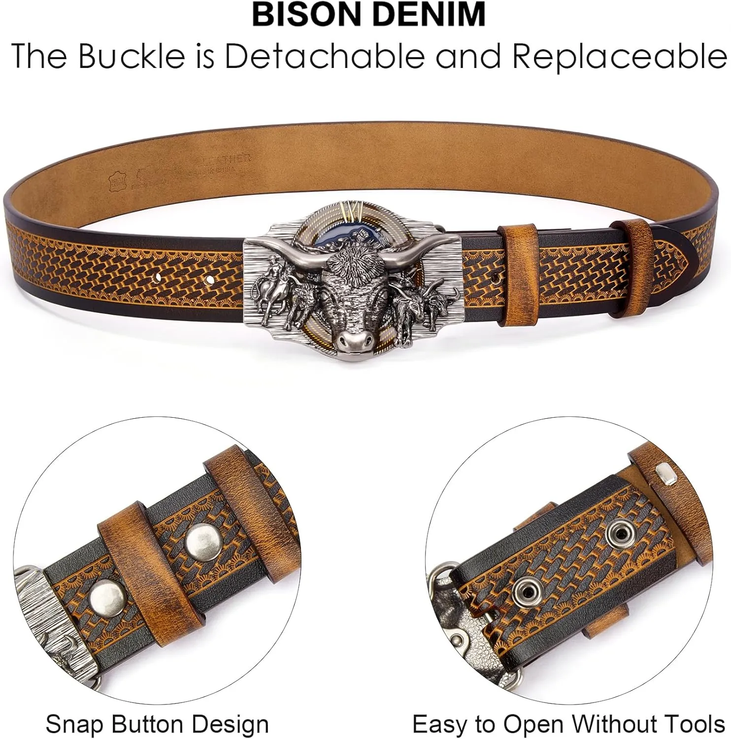 BISON DENIM Western Leather Belt for Men Women Cowboy Cowgirl Mens Buckle Belt for Jeans, Country Belt, Ideal Men's Gifts