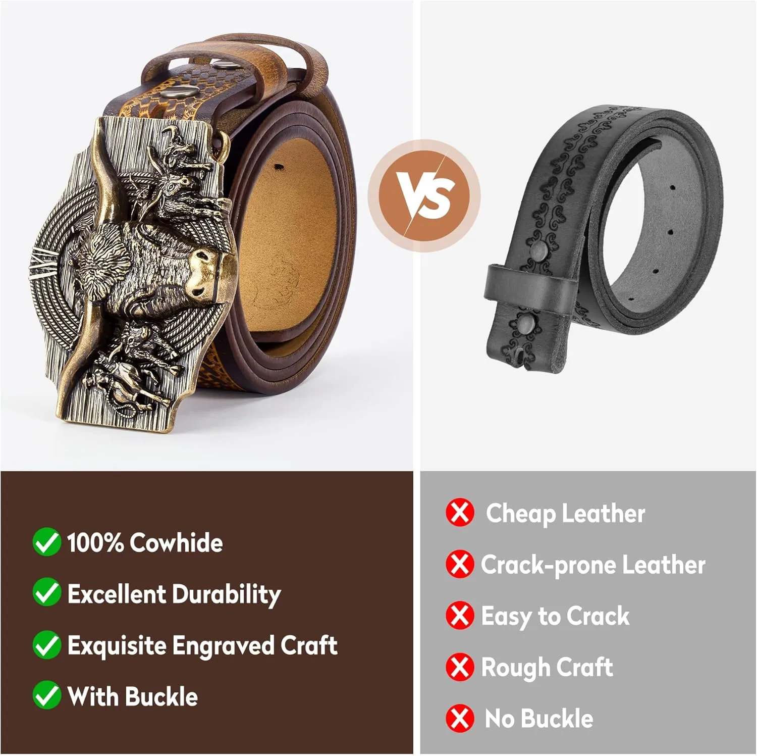BISON DENIM Western Leather Belt for Men Women Cowboy Cowgirl Mens Buckle Belt for Jeans, Country Belt, Ideal Men's Gifts