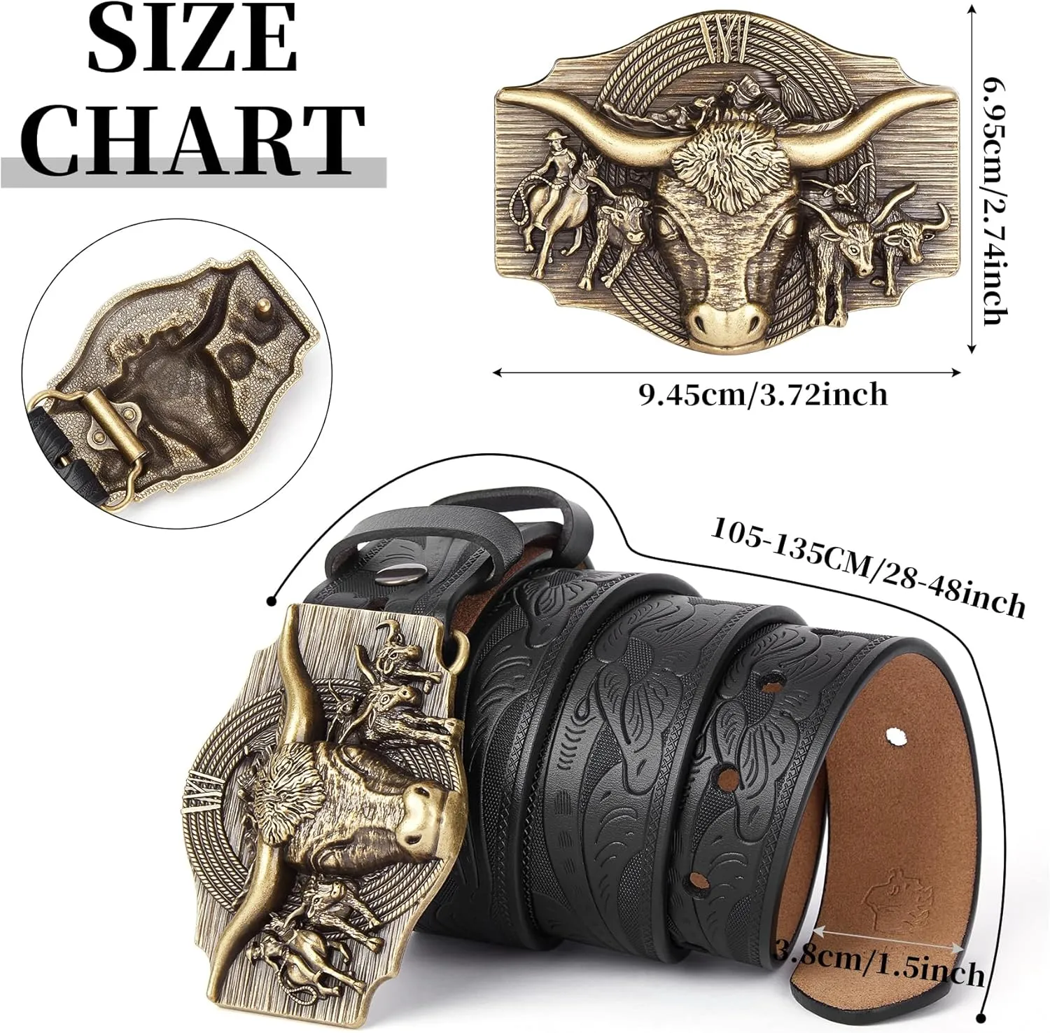 BISON DENIM Western Leather Belt for Men Women Cowboy Cowgirl Mens Buckle Belt for Jeans, Country Belt, Ideal Men's Gifts