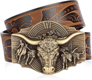 BISON DENIM Western Leather Belt for Men Women Cowboy Cowgirl Mens Buckle Belt for Jeans, Country Belt, Ideal Men's Gifts