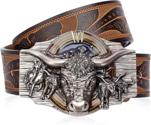 BISON DENIM Western Leather Belt for Men Women Cowboy Cowgirl Mens Buckle Belt for Jeans, Country Belt, Ideal Men's Gifts
