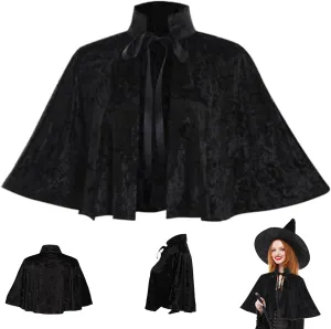 Black Cape for Women, Gothic Lolita Medieval Shawl Cloak with Tie Strap, Halloween Soft Short Medieval Cowl Black Cloak for Pagan Cosplay, Renaissance Cape