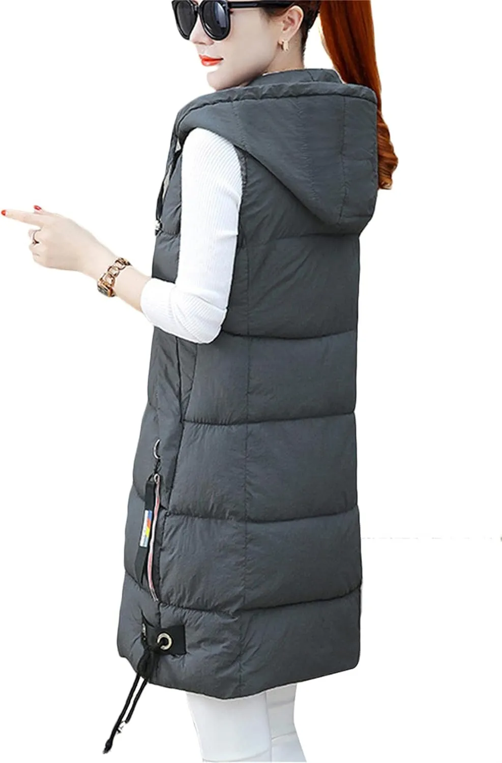 BOFETA Women's Long Cotton Padded Vest Zipper up Solid Color Quilted Puffer Hooded Vest Jackets with Pockets