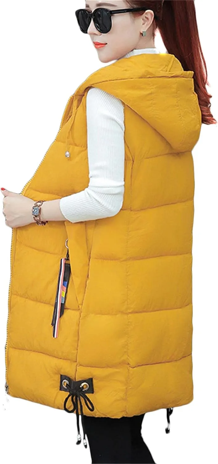 BOFETA Women's Long Cotton Padded Vest Zipper up Solid Color Quilted Puffer Hooded Vest Jackets with Pockets