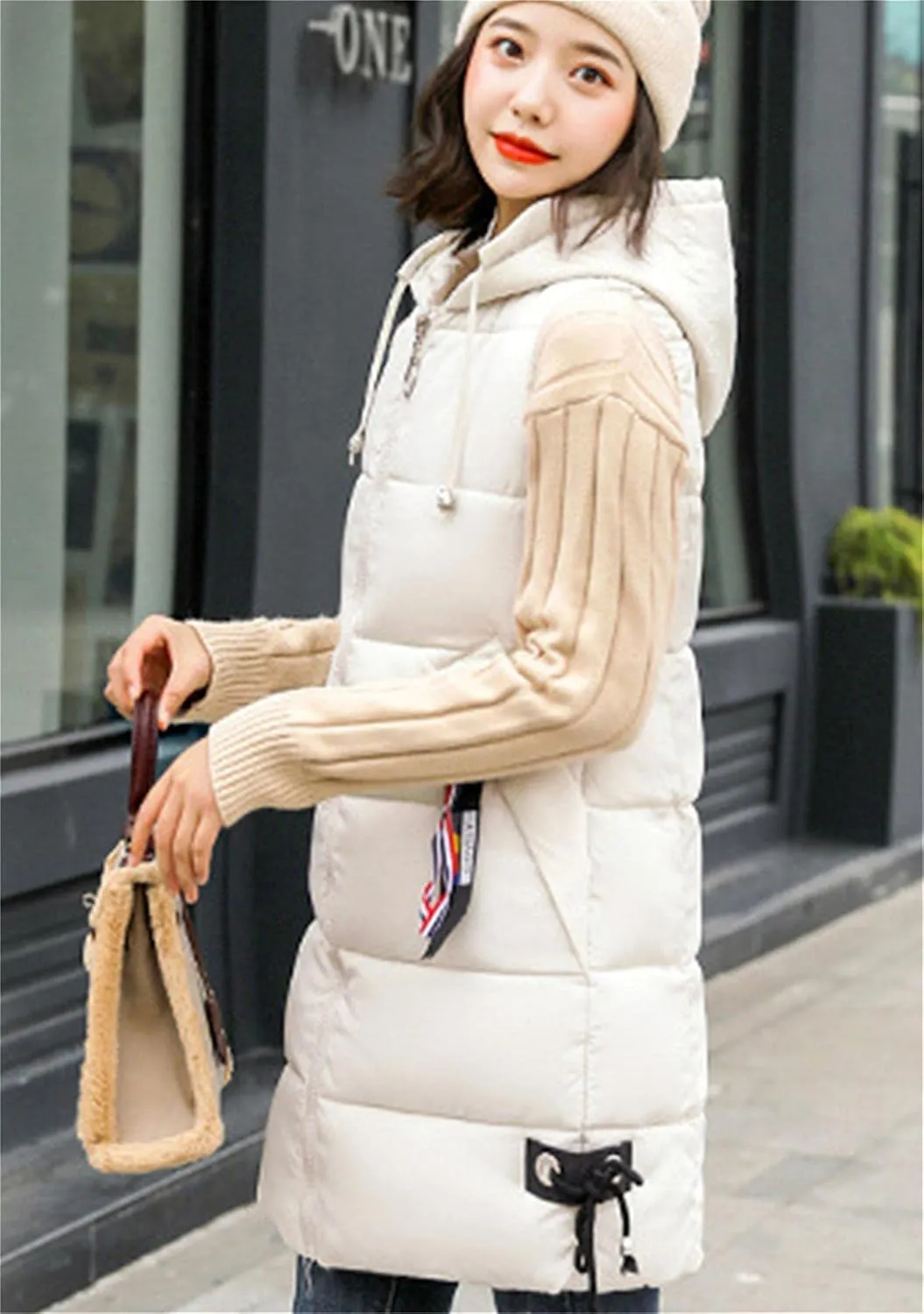 BOFETA Women's Long Cotton Padded Vest Zipper up Solid Color Quilted Puffer Hooded Vest Jackets with Pockets