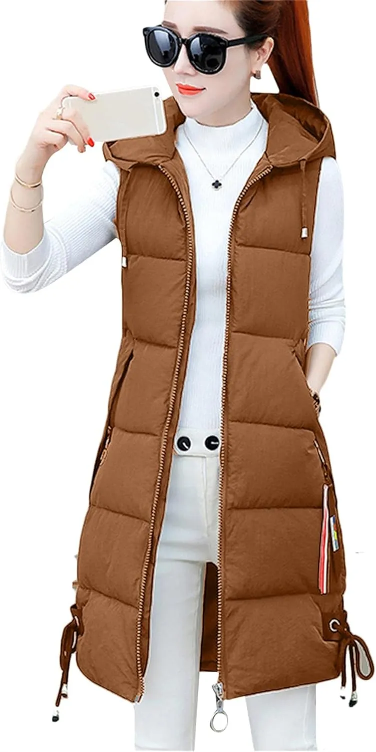 BOFETA Women's Long Cotton Padded Vest Zipper up Solid Color Quilted Puffer Hooded Vest Jackets with Pockets