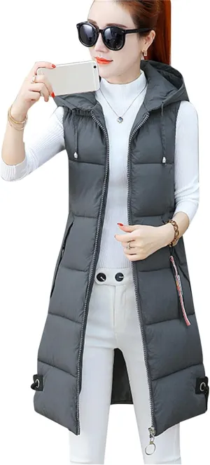 BOFETA Women's Long Cotton Padded Vest Zipper up Solid Color Quilted Puffer Hooded Vest Jackets with Pockets