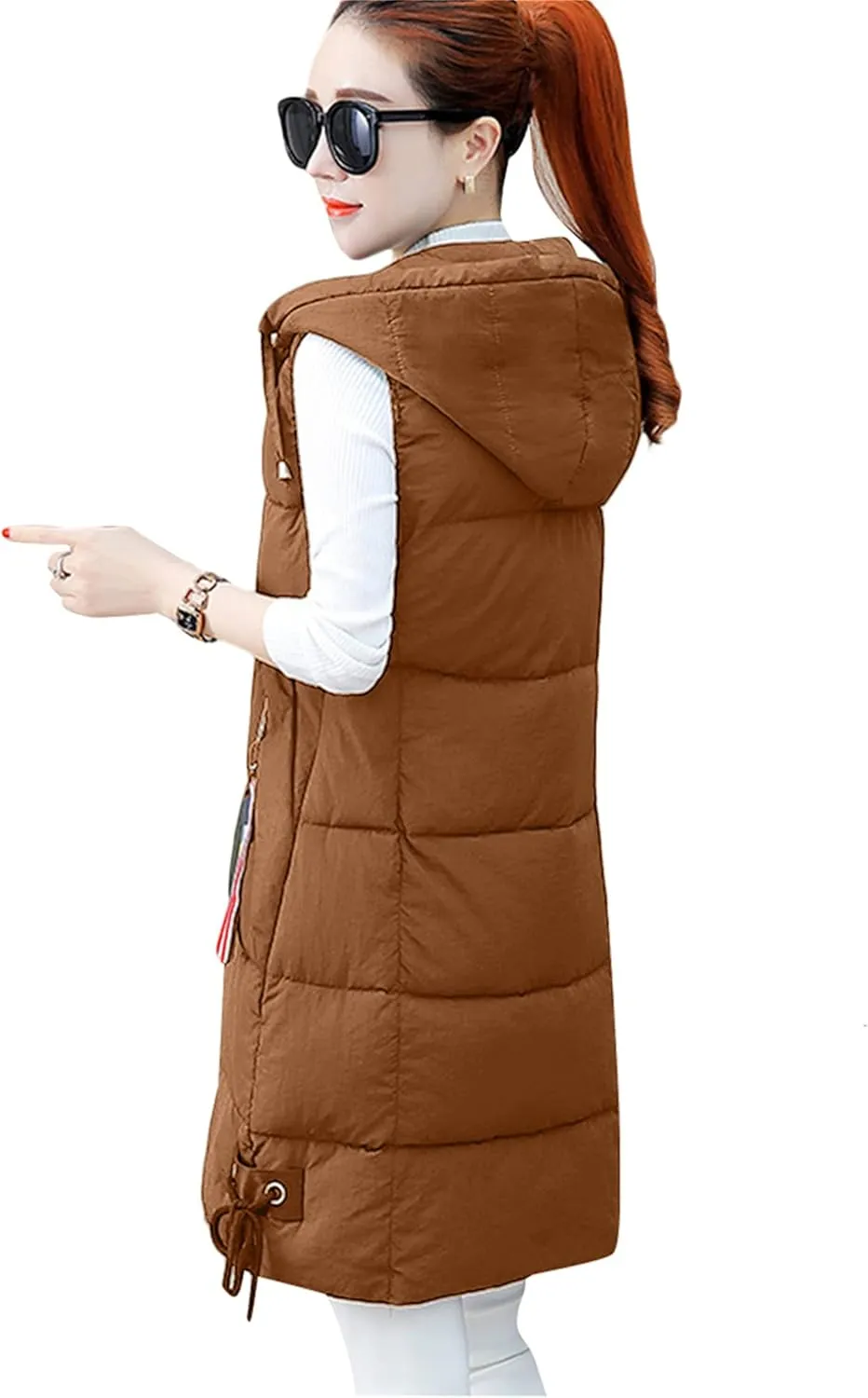 BOFETA Women's Long Cotton Padded Vest Zipper up Solid Color Quilted Puffer Hooded Vest Jackets with Pockets