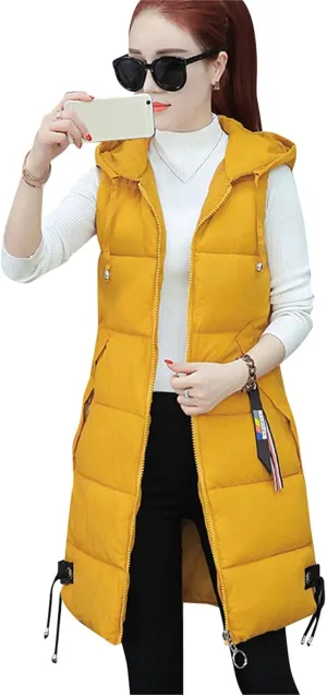 BOFETA Women's Long Cotton Padded Vest Zipper up Solid Color Quilted Puffer Hooded Vest Jackets with Pockets