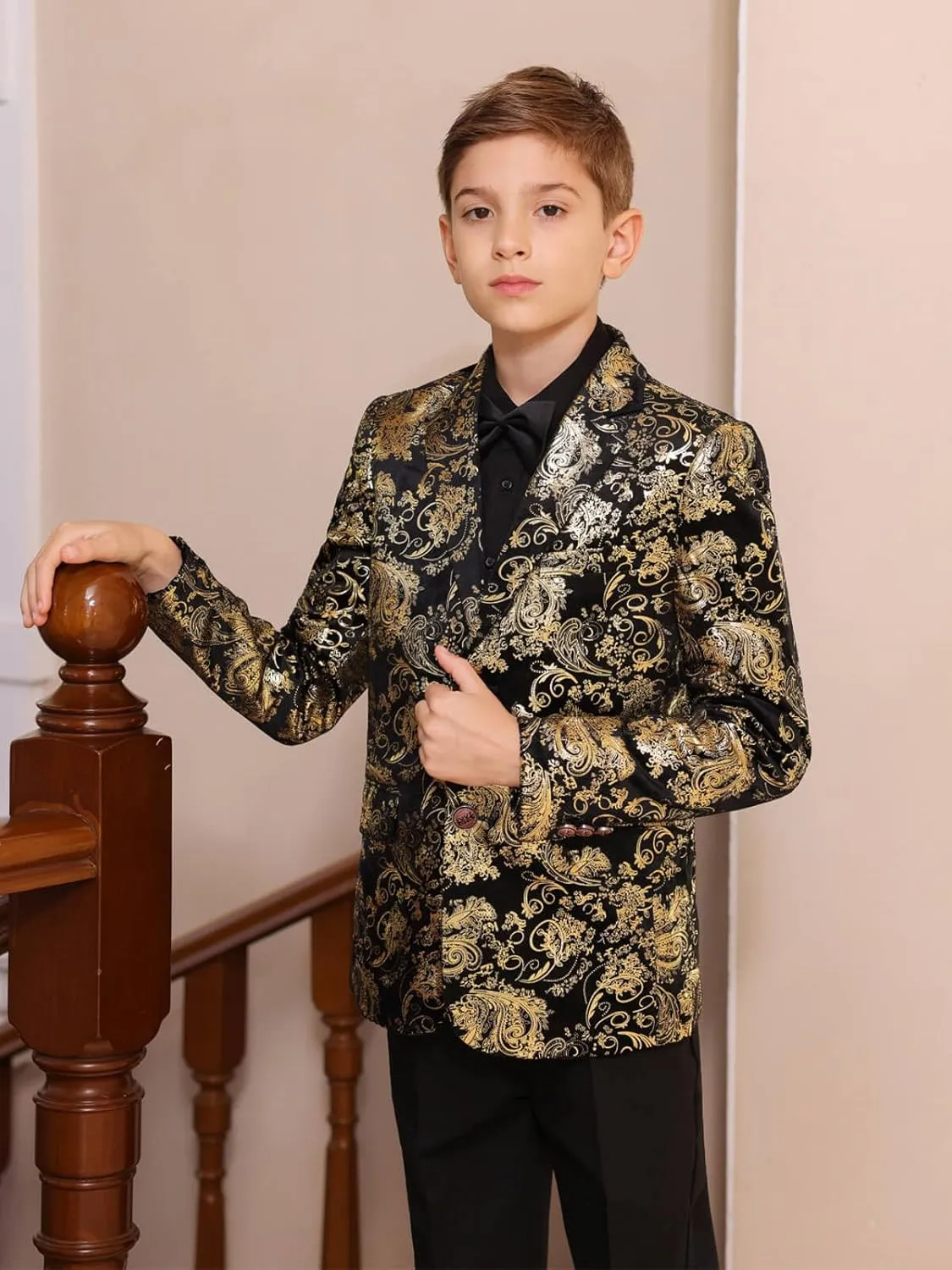 Boyland Boys Jacquard Suit Slim Fit Tuxedo Suits Jacquard Notch Lapel Tux Jacket Pants Party Formal Wear