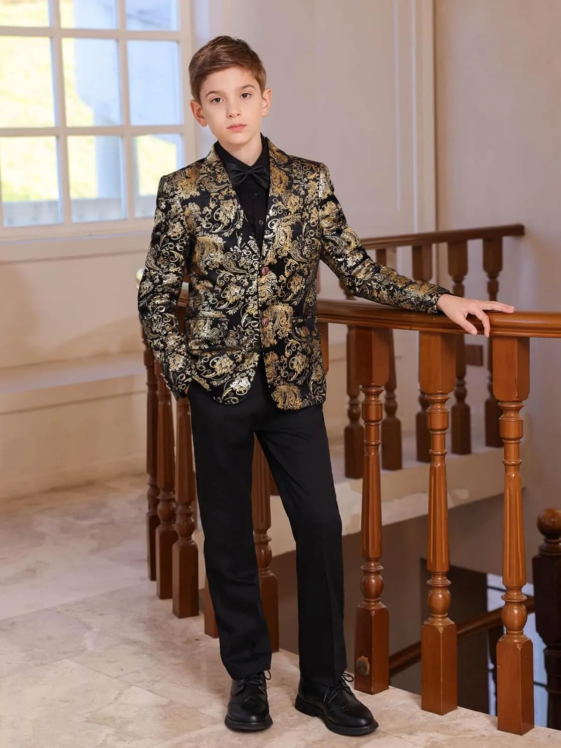 Boyland Boys Jacquard Suit Slim Fit Tuxedo Suits Jacquard Notch Lapel Tux Jacket Pants Party Formal Wear