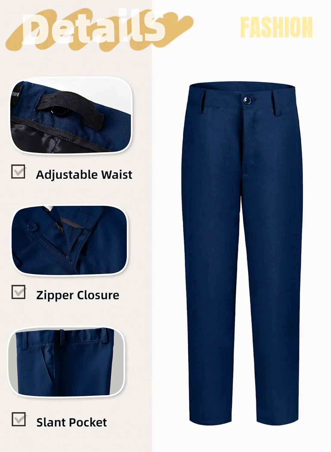 Boys Dress Pants Adjustable Waist Flat Front Casual Wear Slim Fit School Uniforms Pants