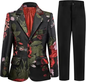 Boys Suit Slim Fit Tuxedo Floral Pattern Formal Dresswear Kids Tuxedo Suits Ring Bearer Outfit 2 Pieces Toddler Suits Set