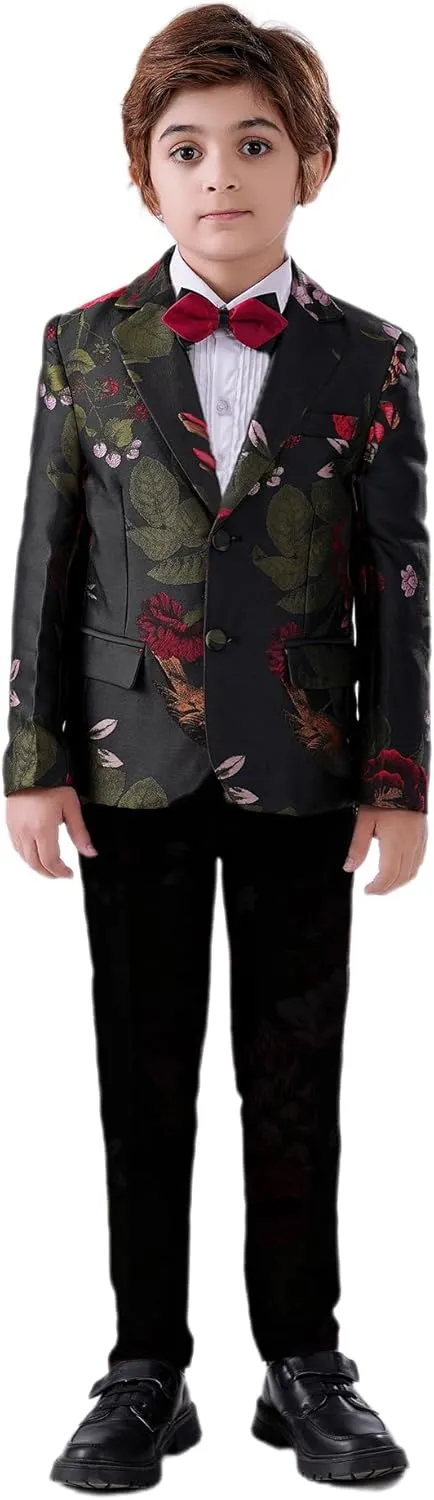 Boys Suit Slim Fit Tuxedo Floral Pattern Formal Dresswear Kids Tuxedo Suits Ring Bearer Outfit 2 Pieces Toddler Suits Set