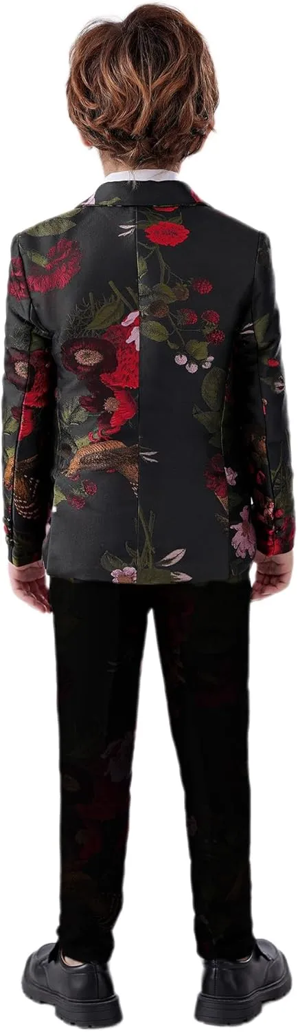 Boys Suit Slim Fit Tuxedo Floral Pattern Formal Dresswear Kids Tuxedo Suits Ring Bearer Outfit 2 Pieces Toddler Suits Set
