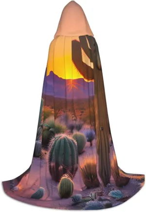 Cactus Desert Sunsets print Hooded Cloak Long Hooded Cloak Halloween Cloak Costumes Hooded Cape Masquerade Dress Up