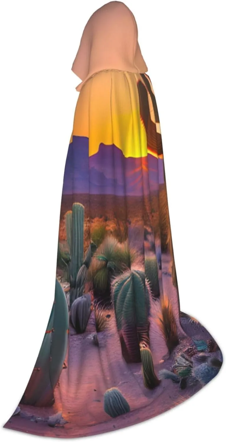 Cactus Desert Sunsets print Hooded Cloak Long Hooded Cloak Halloween Cloak Costumes Hooded Cape Masquerade Dress Up