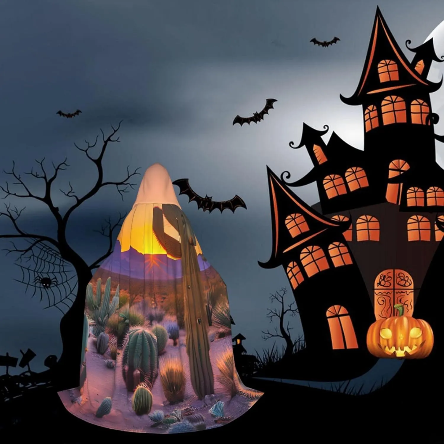 Cactus Desert Sunsets print Hooded Cloak Long Hooded Cloak Halloween Cloak Costumes Hooded Cape Masquerade Dress Up