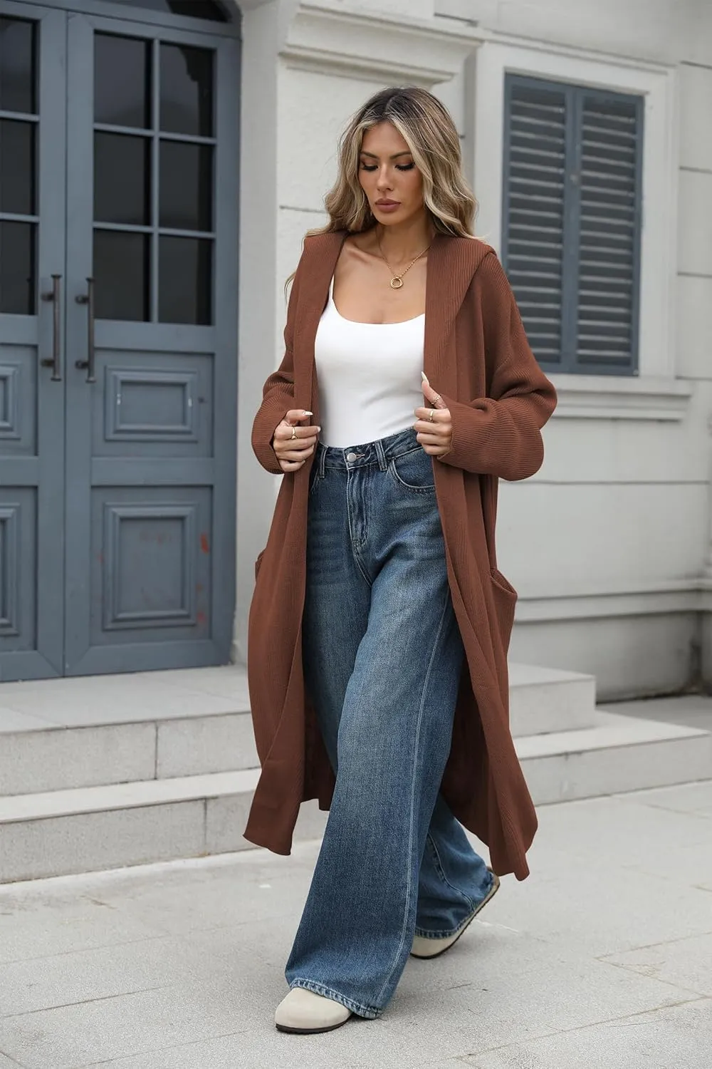 Cakulo Womens Oversized Long Cardigan Sweaters Hooded Duster Cardigans 2024 Trendy Fall Open Front Coatigan