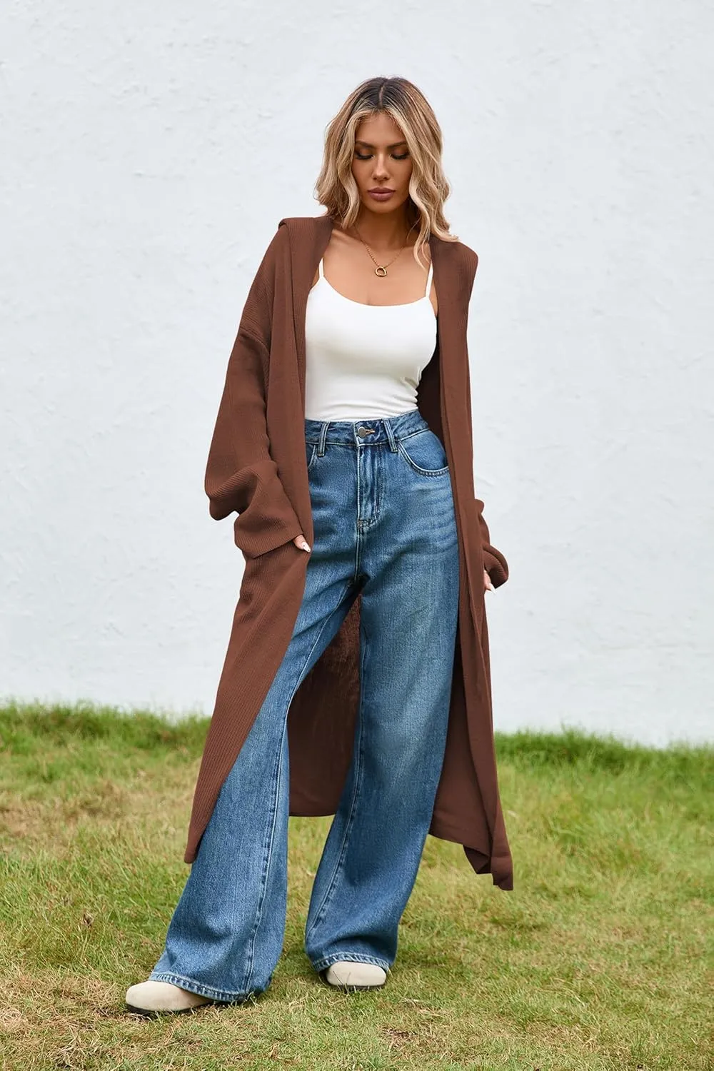 Cakulo Womens Oversized Long Cardigan Sweaters Hooded Duster Cardigans 2024 Trendy Fall Open Front Coatigan