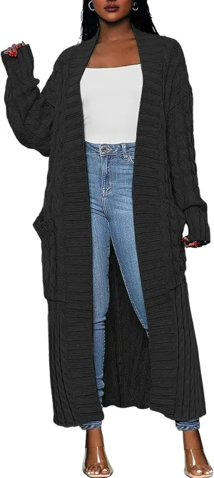 Caracilia Womens Long Cardigan Sweaters 2025 Fall Open Front Coat Long Sleeve Cable Knit Maxi Outerwear Trendy Jacket Clothes
