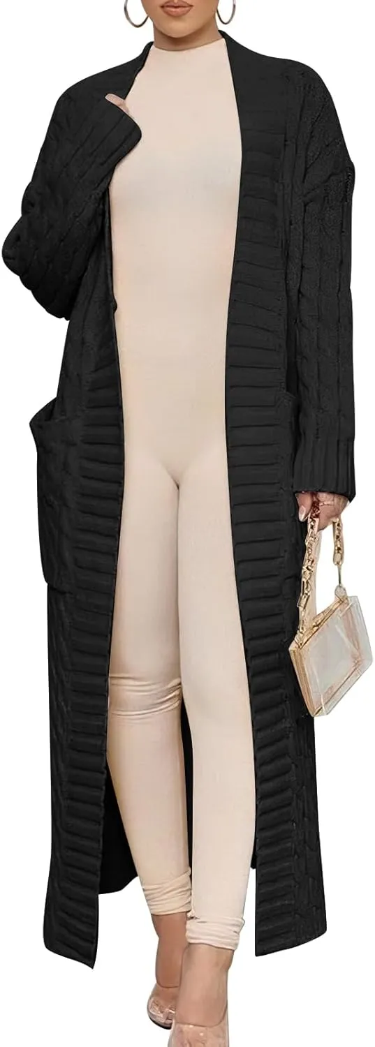 Caracilia Womens Long Cardigan Sweaters 2025 Fall Open Front Coat Long Sleeve Cable Knit Maxi Outerwear Trendy Jacket Clothes